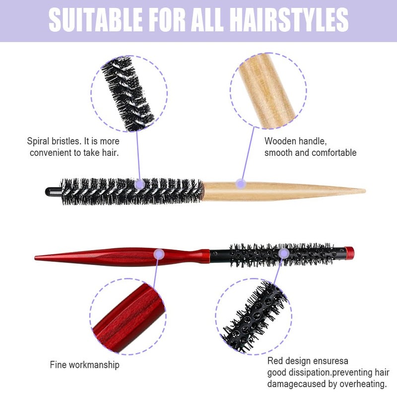 Canumer 2 Styles Small Round Brush, Wooden Mini Hair Brush Roller Quiff Hair Combs, Mustache Brush, Travel Nylon Hairdressing Brushes Styling Volume Hairbrush for Curling, Short, Thin Hair - Image 3
